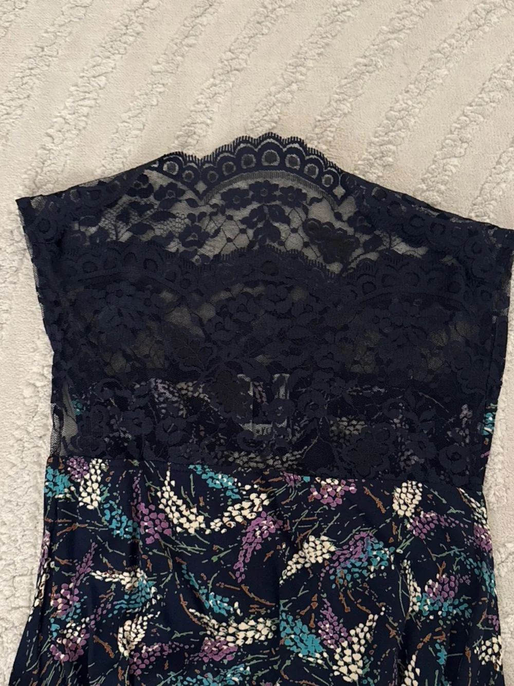 Free People Navy Floral-Print Lace Bodice Dress, XS